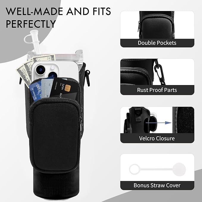 Water Bottle Carrier Bag with Phone Pocket for Stanley Cup 40/30 oz, Water Bottle Holder with Adjustable Strap& Straw Cover, Stanley Cup Accessories