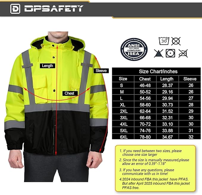 Safety jacket for men,Reflective high Visibility Hooded jacket,Hi-Vis Bomber Jacket with Pockets and Zipper,Waterproof,Black Bottom,ANSI/ISEA 107-2020 Type R Class 3,Lime
