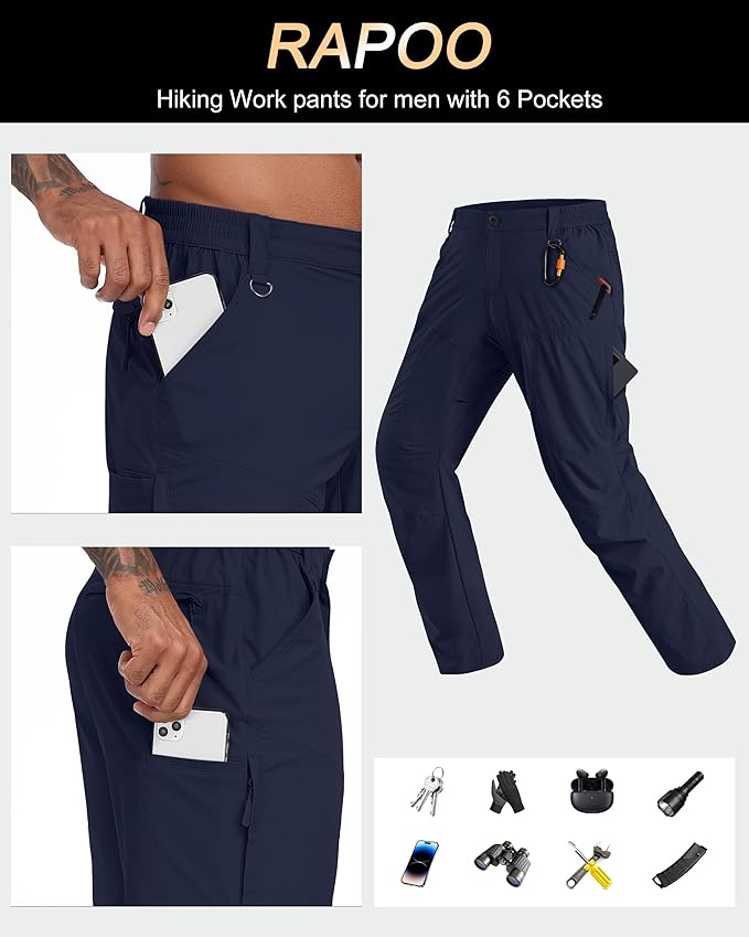 Rapoo Mens Hiking Pants Lightweight Water Resistant Breathable Nylon Cargo Pants with 6 Pockets