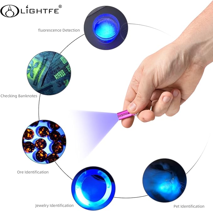 LIGHTFE UV Mini 01D Blacklight Flashlight 365nm Keychain lamp, Suitable for pet Urine Stains, Stains, Minerals, Fluorescent Agent Detection, and Currency Art Identification, etc