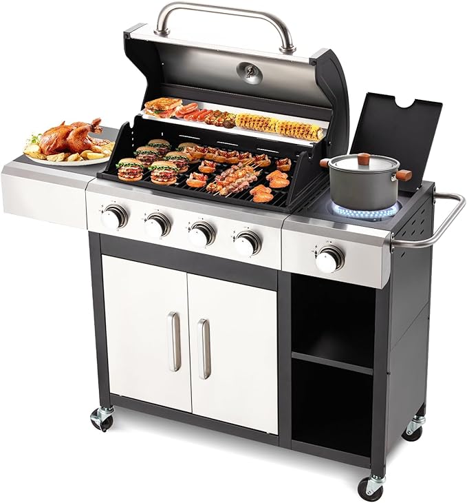 MELLCOM 4-Burner Propane Gas Grill with Side Burner- 49,000 BTU Stainless Steel BBQ Grill with Cabinet, Porcelain-Enameled Cast Iron Grates for Outdoor Cooking, Patio, Backyard