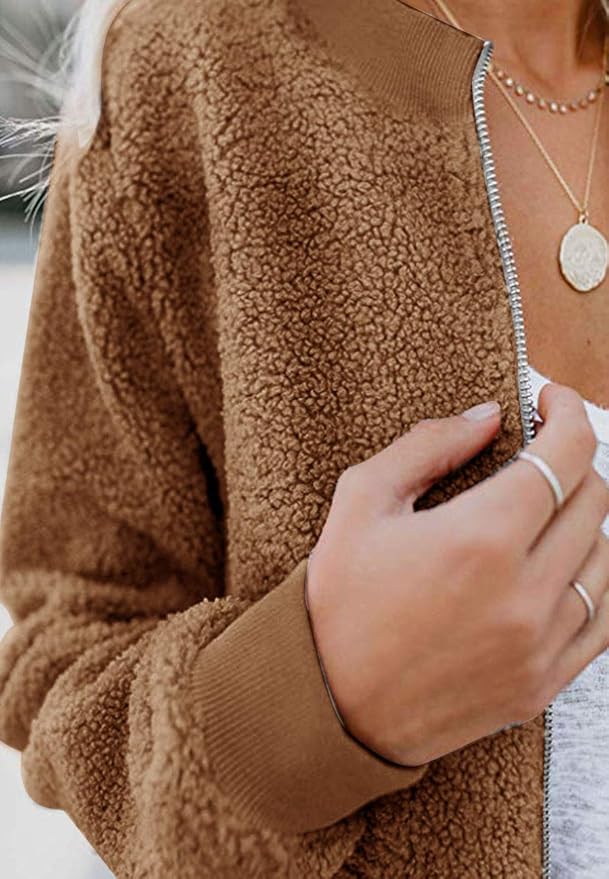 MIROL Women's Fall Trendy Fleece Jacket Faux Sherpa Fuzzy Casual Long Sleeve Zip Up Loose Fit Bomber Winter Coat