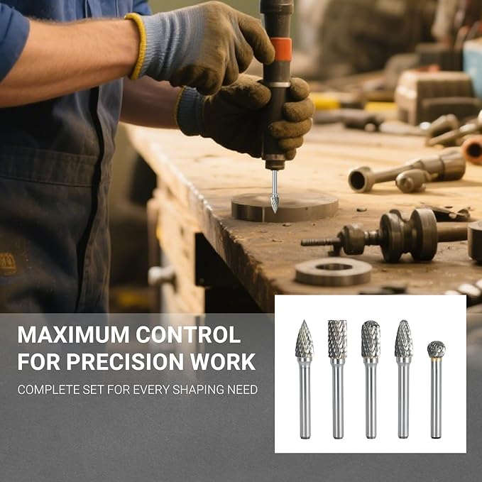 CATITO Carbide Burr Set 1/4 Shank 5-Piece, 8mm Head Diameter Grinder Bits, Rotary Tools Attachment Kit, Deburring, Cutting, and Carving are Suitable for polishing Metal, Wood, Stone, Steel