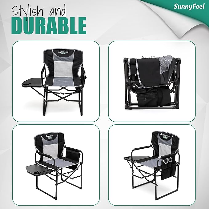 SUNNYFEEL Oversized Camping Directors Chair, Portable Folding Lawn Chairs for Adults Heavy Duty with Side Table,Pocket for Beach, Fishing,Picnic,Concert,Tailgating,Outdoor Foldable Camp Chair