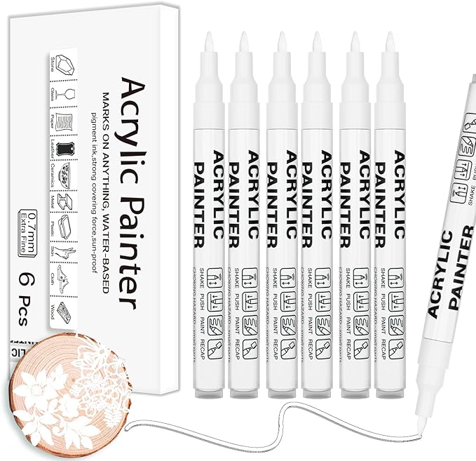 Acrylic Paint Pens Waterproof Markers 6 White Permanent Marker Pens Acrylic Pens for Rock Painting Glass Stone Ceramic Metal Fabric Pebble Painting pens Craft Supplies