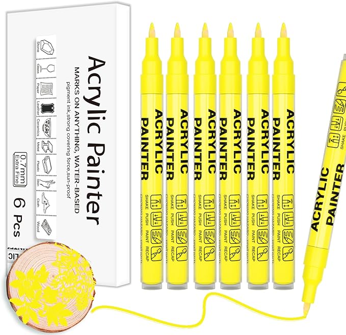Acrylic Paint Pens Waterproof Markers 6 Yellow Permanent Marker Pens Acrylic Pens for Rock Painting Glass Stone Ceramic Metal Fabric Pebble Painting pens Craft Supplies