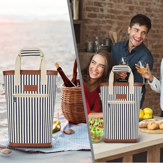 opux Two Bottle Wine Bag Carrier Tote, Insulated Leakproof 2 Bottle Wine Cooler Bag for Travel BYOB Picnic, Portable Wine Case, Gift for Men Women Wine Lover Birthday Party Christmas, Navy Stripes