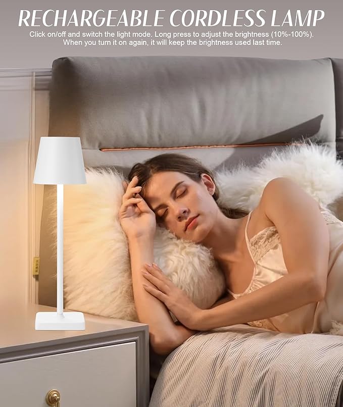 HASUN 2Pack Cordless Table Lamp, LED Rechargeable Desk Lamp, 5200mAh Battery Table Light, Aluminum Shell, 3 Color Stepless Dimming for Outdoor/Patio/Camping White