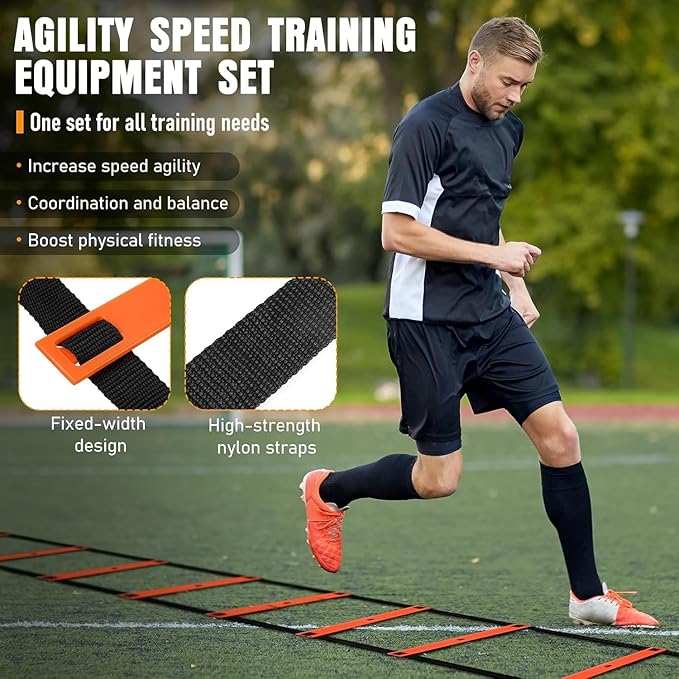 Agility Ladder & Soccer Goal Training Set, 20ft Speed Ladder with Cones, Hurdles, Jump Rope & Parachute, Plus 2 Pack Pop Up Kids Soccer Goals with Ball & Cones for Backyard Sports Practice