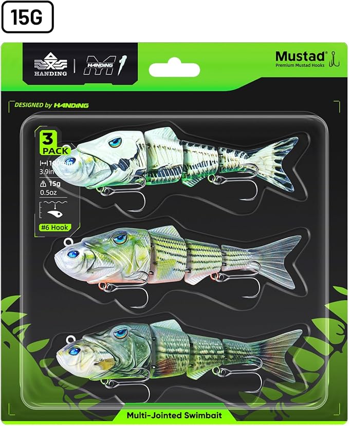 Handing Swimbaits for Bass Pike Walleye, 3 Pieces Lifelike Multi-Jointed Fishing Lures with Mustad Hooks, Fishing Bait for Freshwater and Saltwater