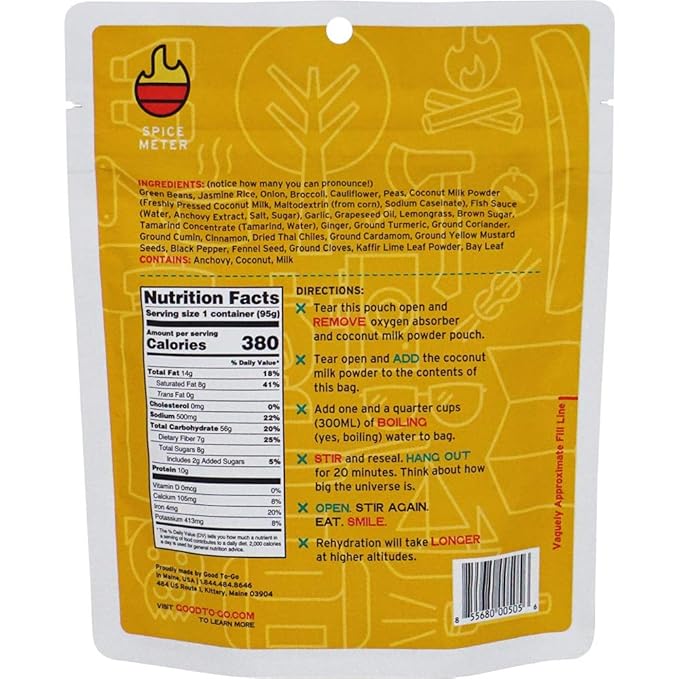 GOOD TO-GO Thai Curry (Single Serving) | Camping & Backpacking Food | Just Add Water Backpacking Meals | Good To-Go Dehydrated Meals Taste Better Than Freeze Dried Food