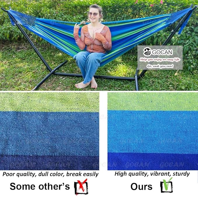 Brazilian Double Hammock 2 Person Extra Large 220x160cm Total Length 330cm Load 500lb Canvas Cotton Hammock for Patio Porch Garden Backyard Lounging Outdoor and Indoor(Blue/Green) XXL