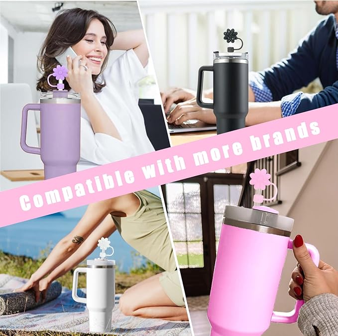 Glitter Silicone Straw Covers Toppers for Stanley Cups 30&40 Oz Tumbler Accessories 6PCS Flower Straw Caps Dust-Proof Reusable Straws Tips Protectors for Stanley Cup 10mm 0.4in Straws