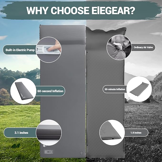 Elegear Self Inflating Sleeping Pad, Built-in Electric Pump 3.1" Ultra-Thick Memory Foam Camping Mattress with Pillow Foam Sleeping Pad for Camping R-Value 9.5 Foam Camping Pad for Car/Traveling