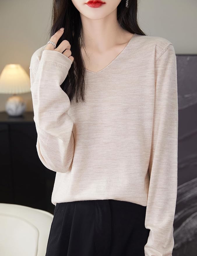 Chanyarn Women's 100% Merino Wool Base Layer Shirt Tops V Neck Long Sleeve Travel Hiking Tee T Shirt Pullover Sweater