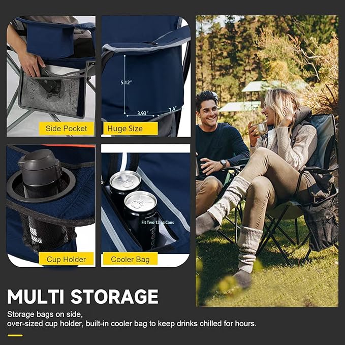 FAIR WIND Oversized Fully Padded Camping Chair with Lumbar Support, Heavy Duty Cooler Bag Fold Chair Support 450 LBS, Green