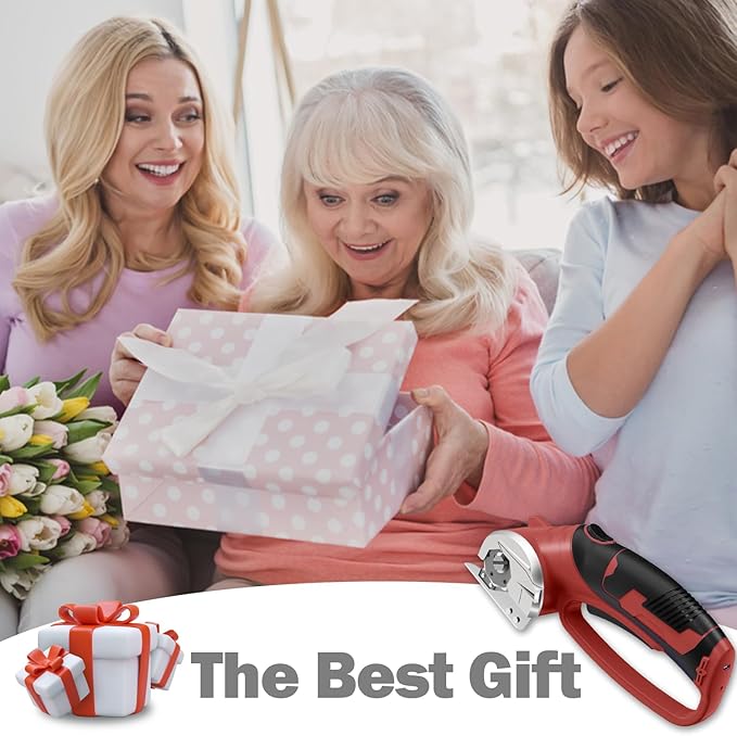 Cordless Electric Scissors, 4V Box Cutter & Cardboard Cutter with 2 Titanium Blades - Rotary Cutter with LED Light for Fabric, Leather, Carpet, Plastic, Crafting + Storage Case (Red)