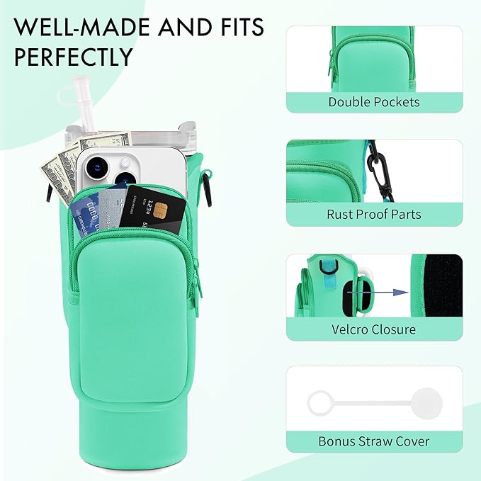 Water Bottle Carrier Bag with Phone Pocket for Stanley Cup 40/30 oz, Water Bottle Holder with Adjustable Strap& Straw Cover, Stanley Cup Accessories