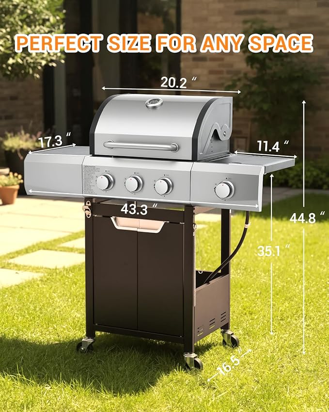 40,500 BTU 3-Burner Propane Gas Grill with Side Burner,Stainless Steel Outdoor BBQ Grill Portable with Wheels and Cast Iron Grates for Patio Garden Barbecue Cooking