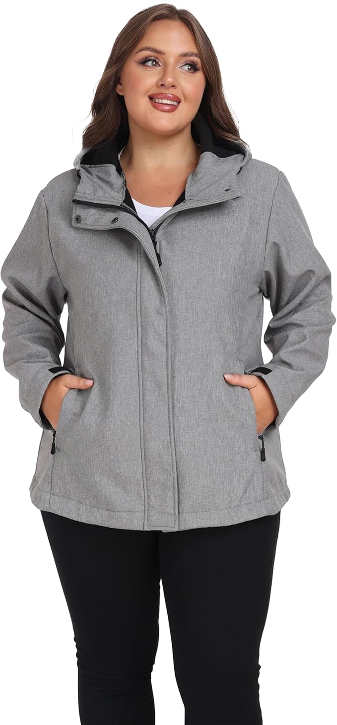 wantdo Women's Plus Size Softshell Jackets Hooded Warm Fleece Lined Windbreaker