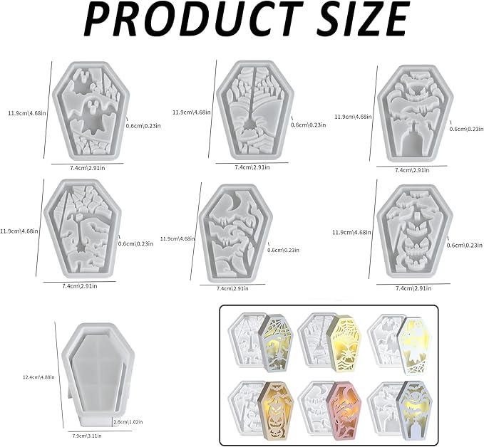 7 Packs Halloween Epoxy Resin Soft Silicone Molds, DIY Casting Halloween Coffin Trinket Box, Ghost, Spider, Bat, Pumpkin Plaster Mold, Handmade Art Craft Jewelry Storage Box Candle Stand Mould