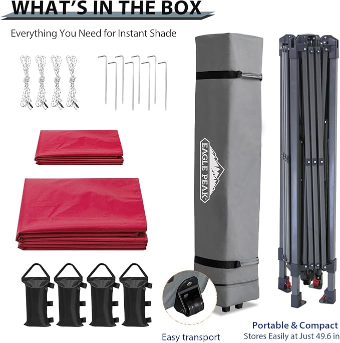 EAGLE PEAK 13x13 Straight Leg Pop Up Canopy Tent Instant Outdoor Canopy Easy Single Person Set up Folding Shelter w/Auto Extending Eaves 169 Square Feet of Shade (Red)