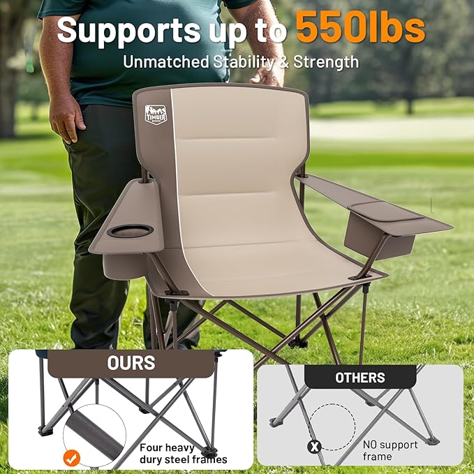 TIMBER RIDGE Oversized Folding Camping Chair for Adults, Support 550 LBS Heavy Duty with Cup Holder Side Pocket for Camp, Lawn, Picnic, Tan, 2 Pack