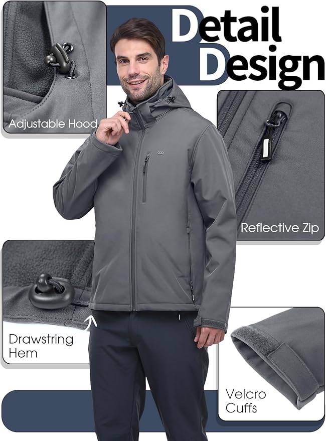 33,000ft Men's Softshell Jacket with Hood Fleece Lined Windbreaker Lightweight Waterproof Jackets for Hiking