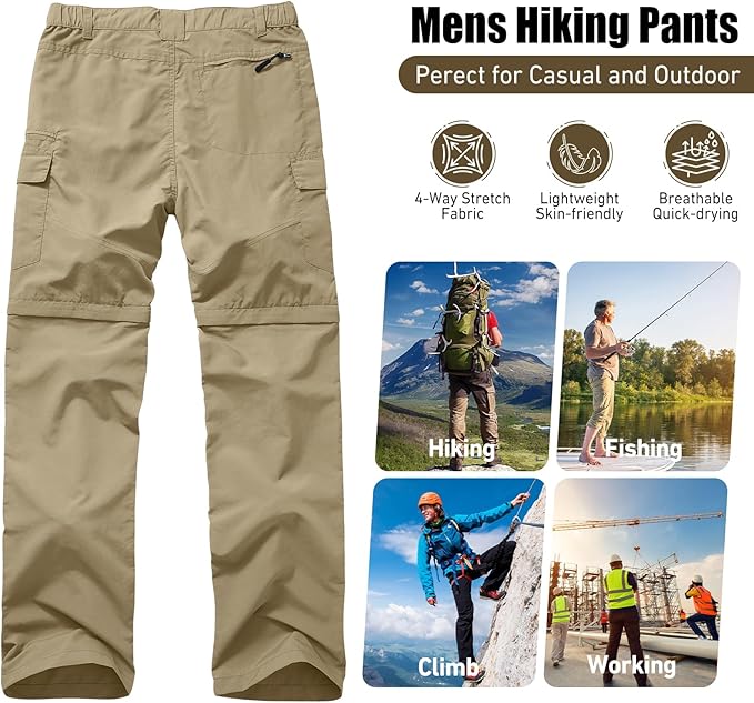 Mens Hiking Convertible Pants Quick Dry Waterproof Zip Off Lightweight Cargo Safari Fishing Work Pants Trousers with Belt