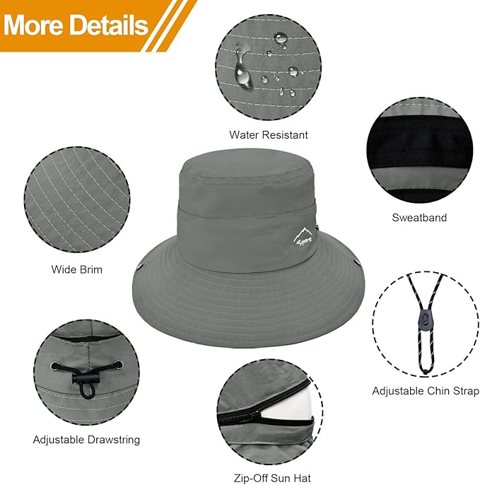 Sun Hats for Women Bucket Hat UV Protection Fishing Hat Wide Brim Safari Hats 2 in 1 Zip-Off Sun Visor Hats UPF 50+