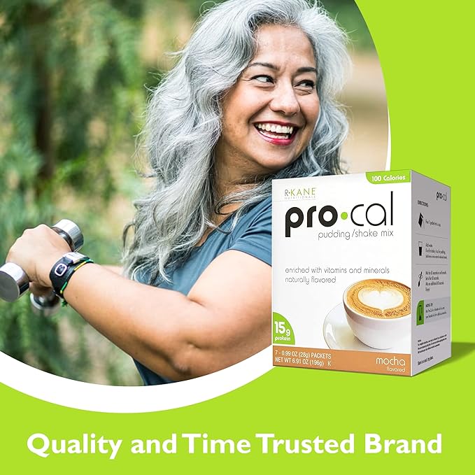 R-Kane Nutritionals Pro-Cal Pudding/Shake Mix, Low Calorie Protein Shake Powder, Meal Replacement Shakes, Mocha-Flavored Boost Drink, 15g Protein, 7 Packets per Box