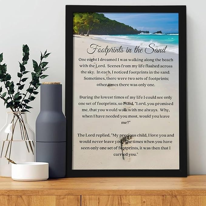 Footprints in the Sand Religious Canvas Wall Art Posters, Inspirational Beach Sunset Poem Print Poster (Black Framed 16x24inch, Footprints(4))