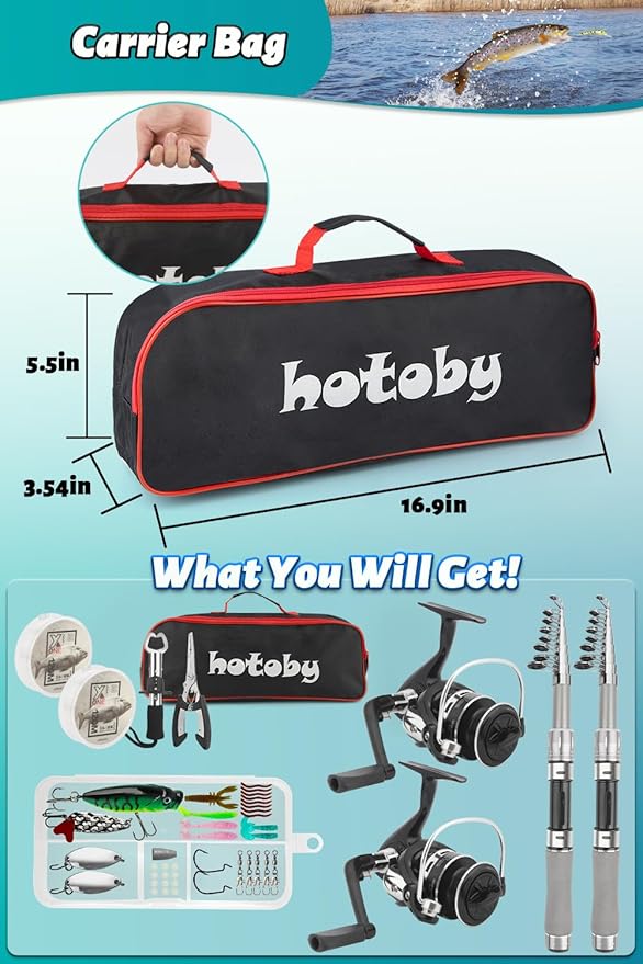 Fishing Pole Combo Set, 2PACK 6.89ft Fishing Rod and Reel Combo, Carbon Fiber Telescopic Fishing Rod Kit with Spinning Reel,Line, Lures, Fishing Pliers, Lip Gripper, Carrier Bag for Beginner Angler