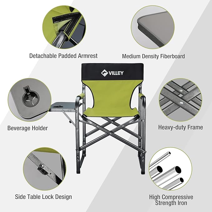 VILLEY Heavy Duty Directors Chair, Folding Camping Chairs, Portable Foldable Chair, for Camp Tailgating Lawn Picnic Fishing Beach, Supports 350 LBS, Green