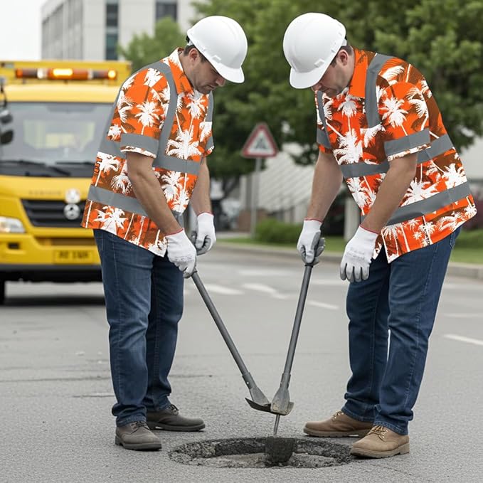 High Visibility Hawaiian Shirt for Men Tropical Shirts Custom Name Floral Outfit Reflective Safety Workwear