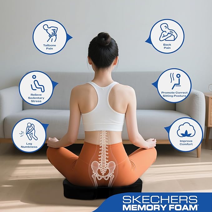 Skechers Memory Foam Seat Cushion,Ribbed Fabric Office Chair Cushion for Tailbone Pain Relief,Butt Pillow for Office Chair,Car Seat Cushion,Long Sitting Office Workers,and Car Drivers,Black