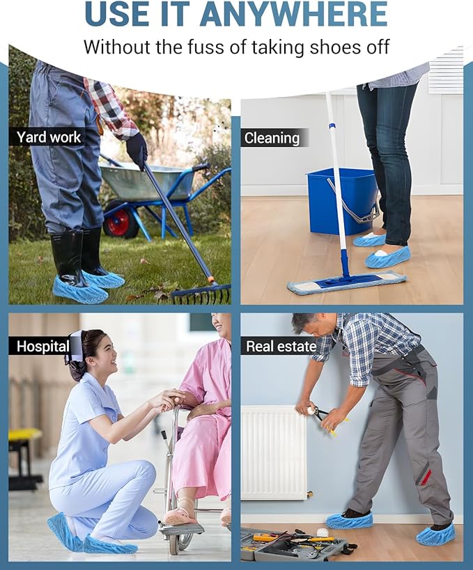 X-Large 200 Count Shoe Covers Disposable Non-Slip, Premium Cloth Boot Covers, Slip-resistant, Durable, Breathable, Non-toxic, Recyclable, Stretchable Fits Up to Size 13 US Men - Blue