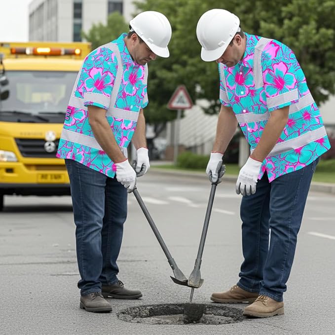 High Visibility Hawaiian Shirt for Men Tropical Shirts Custom Name Floral Outfit Reflective Safety Workwear