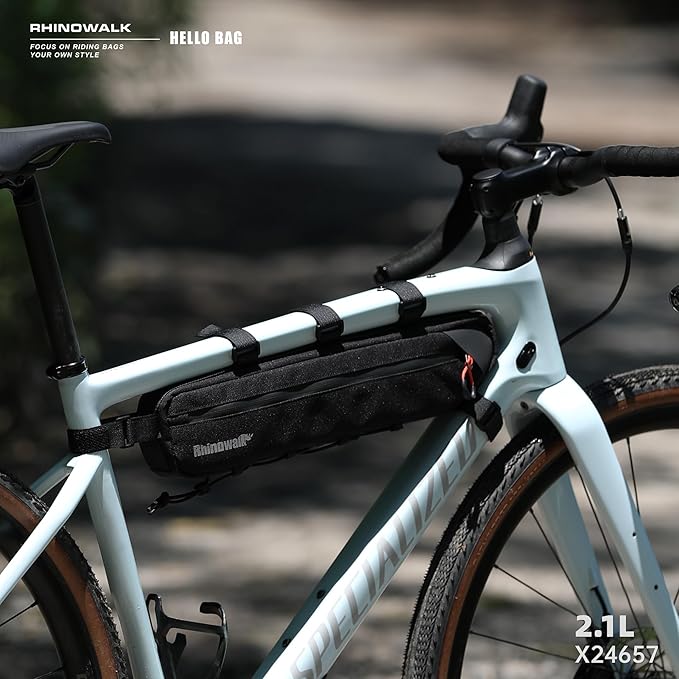 Rhinowalk Bike Frame Bag Waterproof, Top Tube Bicycle Bag with Side Compartments, Pump Holder, and Hidden Cable Port, (2.1L, Black)