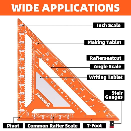 2pcs Rafter Square, 12-inch & 7-inch Carpenter Sqaure Set with Woodworking Pencil, Carpenter Measuring Layout Tool, Aluminum Alloy Triangle Ruler for Woodworking- Imperial