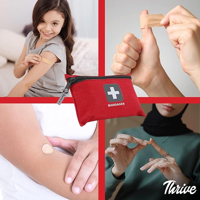 Thrive Adhesive Bandages (Pack of 305)- Multipack- Fabric with Storage Bag, Tough and Flexible Waterproof Bandages Variety Pack for Kids and Adults, Small, Medium, Large, and Circular Sizes Included