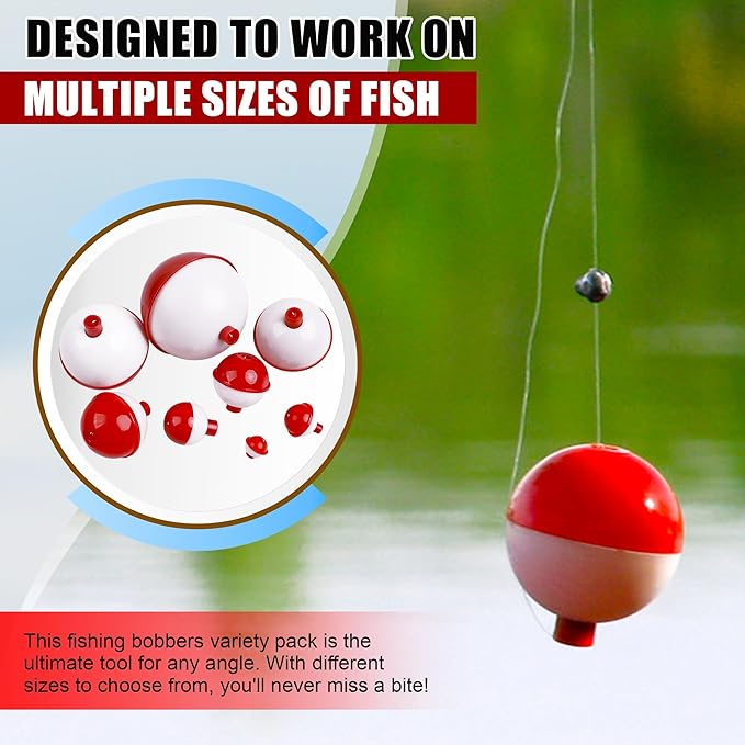 Fishing Folats Bulk Hard ABS Bobbers Snap-on Floats Push Button Round Buoy Float Bobbers for Crappie Panfish Walleyes Red and White 0.75"/1"/1.25"/1.5"/1.75"/2"/2.5"