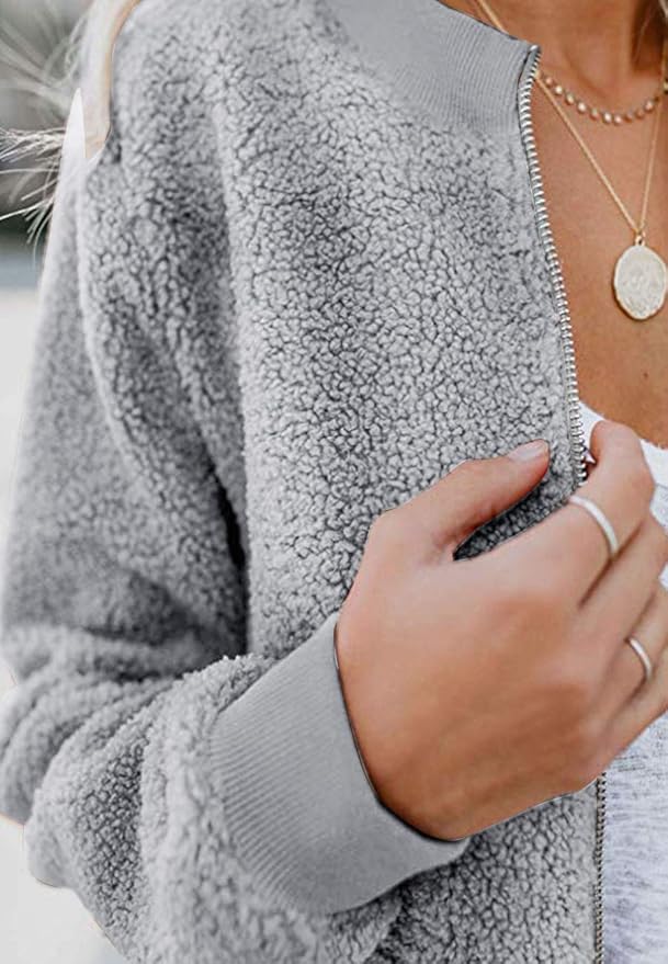 MIROL Women's Fall Trendy Fleece Jacket Faux Sherpa Fuzzy Casual Long Sleeve Zip Up Loose Fit Bomber Winter Coat