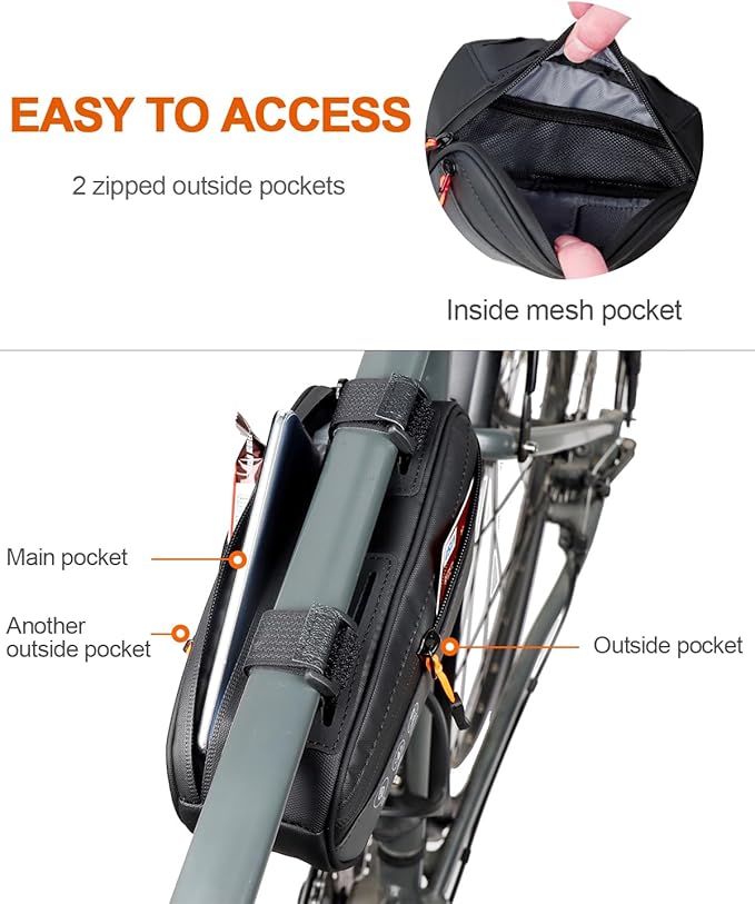 Bike Triangle Frame Bag, Bicycle Storage Pouch with 2 Side Pockets, 3-in-1 Waterproof Top Tube Bag for Phone, Cycling Tool Accessories Pack for MTB Mountain Road Bikes