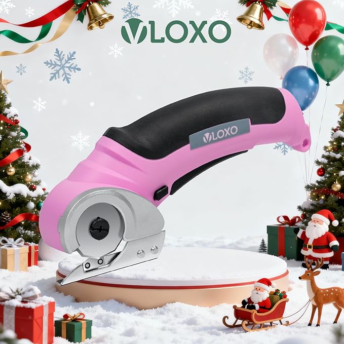 VLOXO Cordless Electric Scissors, Cardboard Cutter with Safety Lock 4.2V Electric Mini Cutter Power Rotary Scissors for Leather Felt Rug Box with Storage Box Pink