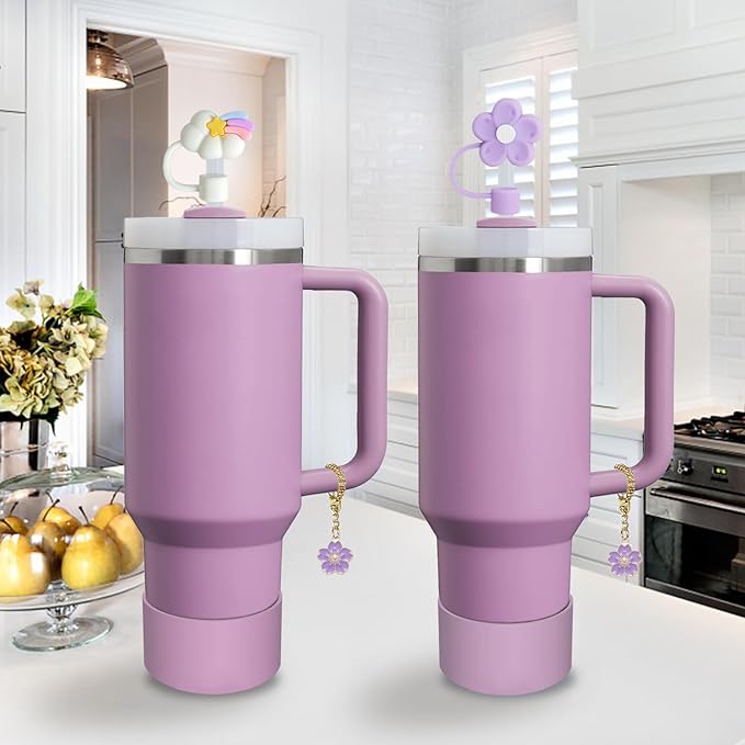Stanley Cup Accessories Set,Including 2 Pcs 0.4in Straw Cover, 1 Silicone Spill-Proof Stopper Set of 3, 1 Cute Purple Flower Handle Charm, 1 Silicone Boot Fits Stanley 40&30 Oz Tumbler (Lilac)