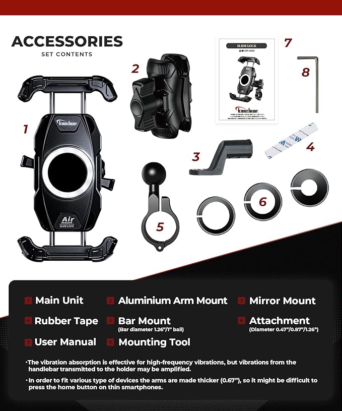 Kaedear Motorcycle Smartphone Holder, Vibration Absorption, Mount, Air Mount, Side Lever Lock, Intermediate Arm, Durable Strength Slide Lock KDR-M28