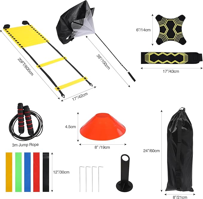 REDCAMP Agility Speed Training Equipment Set, 20ft 12 Rungs Agility Ladder, Jump Rope,10 Disc Cones, Resistance Parachute, 5 Resistance Bands, Football Practice Training Accessories with Storage Bag