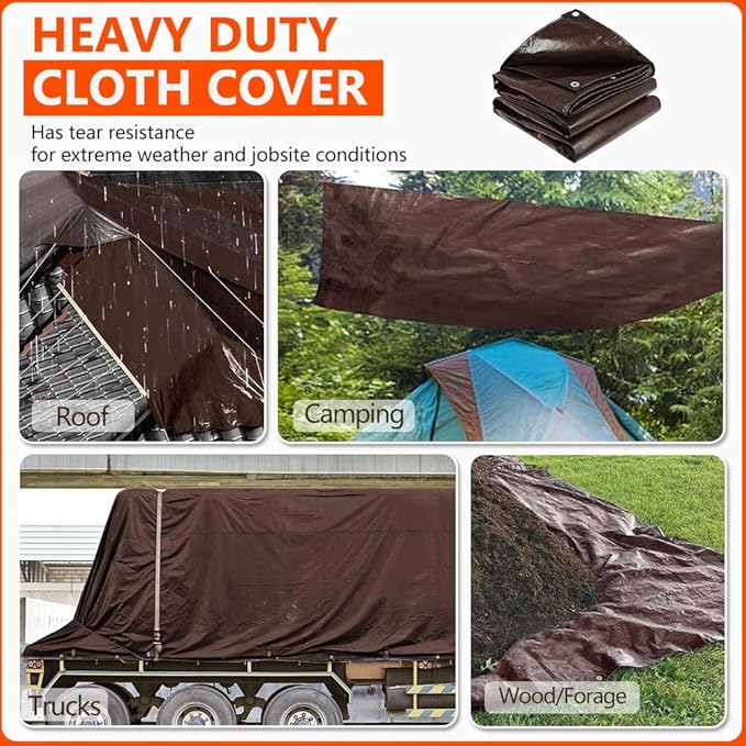 30x30Ft Tarps 16 MIL Heavy Duty Thick Waterproof Poly Tarp, UV Resistant&Tear Multipurpose Protective Cover w/Grommets and Reinforced Edges for Camping, Tent, Boat, RV, Car Brown