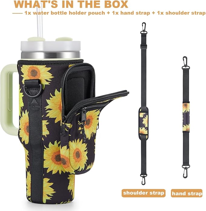 Water Bottle Carrier Bag with Phone Pocket for Stanley 40 & 30 oz Tumbler with Handle,Pink Insulated Neoprene Cup Holder Pouch w/Adjustable Strap for Quencher H2.0 Stanley Cup Accessories